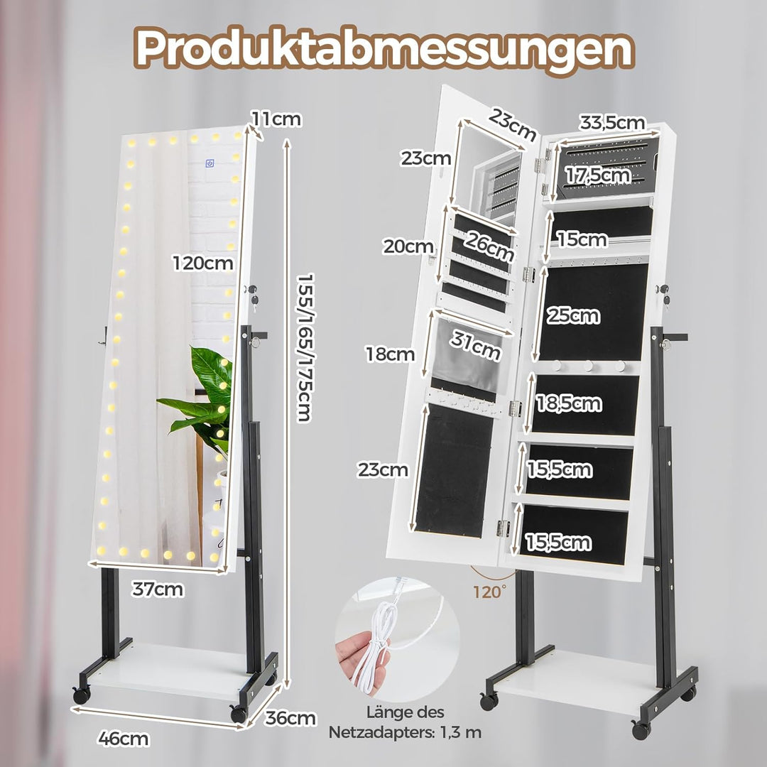 COSTWAY Schmuckschrank mit Rollen, 4 in 1 Spiegelschrank mit 3-farbig LED Leuchten & verstellbarer H