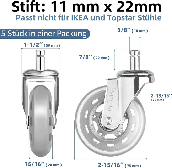Sytopia Gummirollen Bürostuhl 11mm x 22 mm, 5er Set Rollen für Bürostühle, Parkett Rollen Bürostuhl