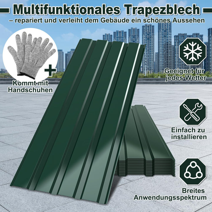 12x Trapezblech Profilblech 115×45 cm Set Grün – ca. 6,21 m² Dachblech aus Stahl 0,25 mm – Dachplatt