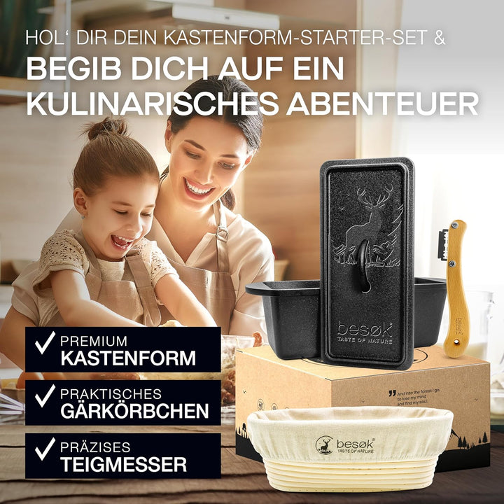 besok Brotbackform mit Deckel, Gärkorb & Teigmesser - Gusseisen Backform Brot backen Zubehör - Kaste
