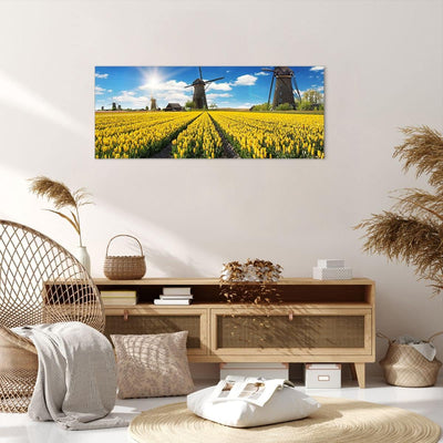 ARTTOR Wandbilder Dekoration Wohnzimmer Tulpen Windmühle Wiese Landschaft Bilder auf Leinwand 120x50