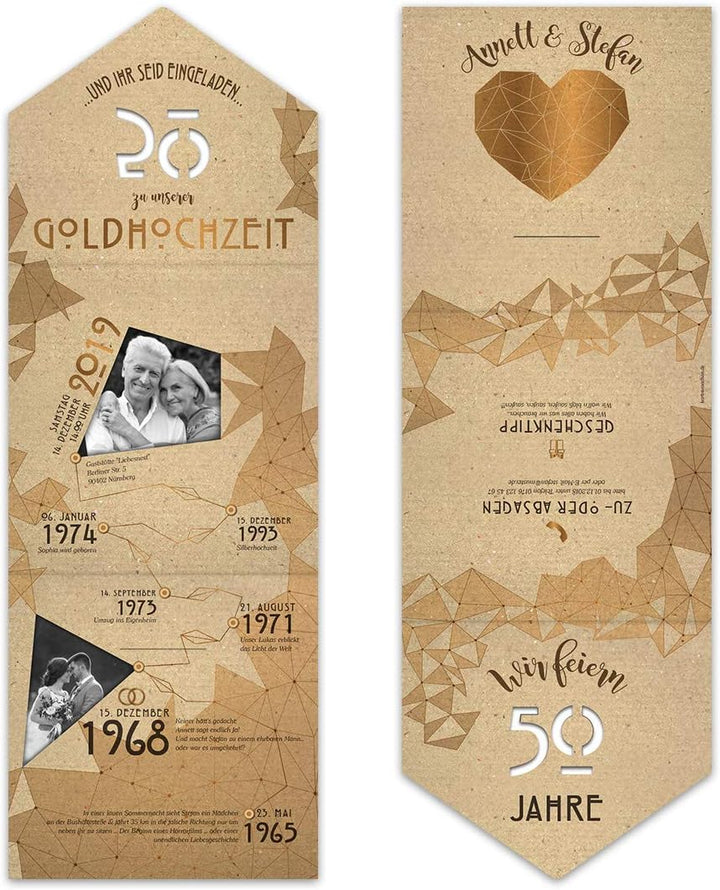 20 x Individuelle Lasergeschnittene goldene Hochzeit Einladungskarten als Klappkarte mit Steckverssc