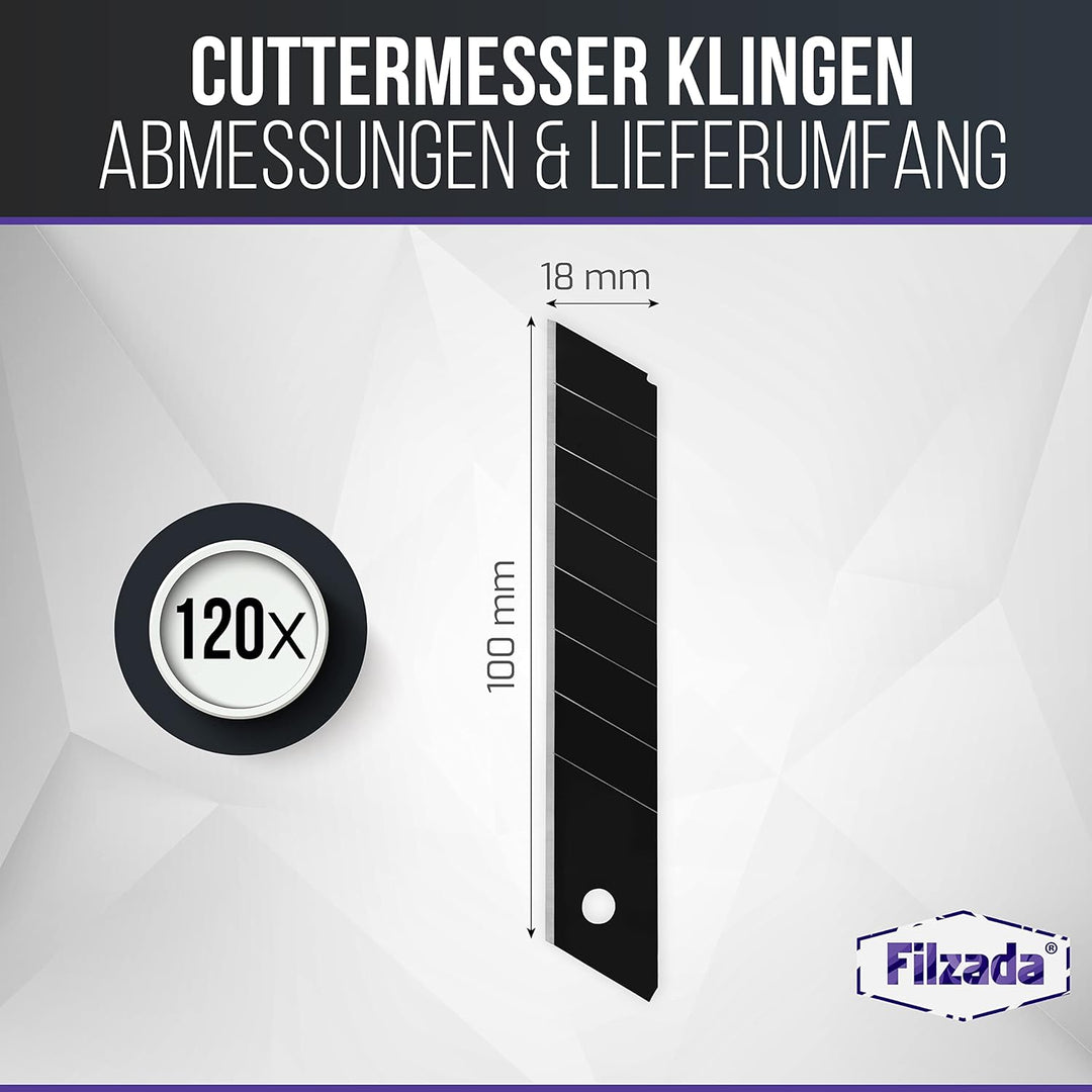 Filzada ® 120x Cuttermesser Klingen 18mm - Abbrechklinge/Messerklinge Carbonstahl - Black Ultraschar