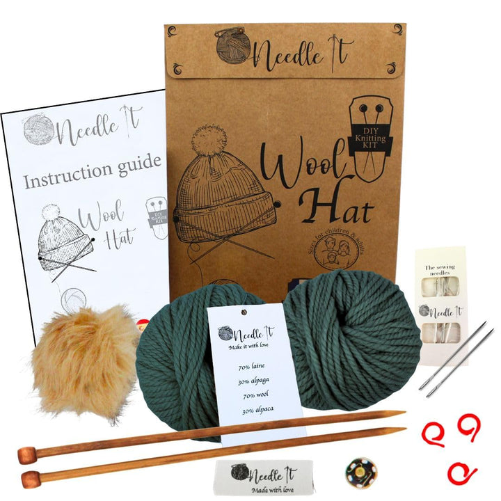 Needle It® Strickset Mütze komplett dunkelgrün - Wollmütze zum Selberstricken für Kinder und Erwachs