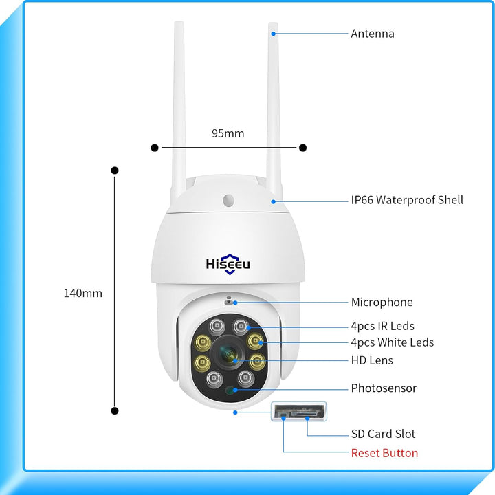 Hiseeu 5 MP Überwachungskamera Aussen-WLAN mit automatischer Verfolgung, 350°/90° schwenkbar, Farbna