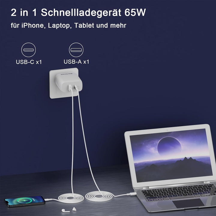 Qackenm USB C Ladegerät 65W, GaN Schnellladegerät mit 2M USB-C Kabel, 2-Port USB-C Netzteil PPS für