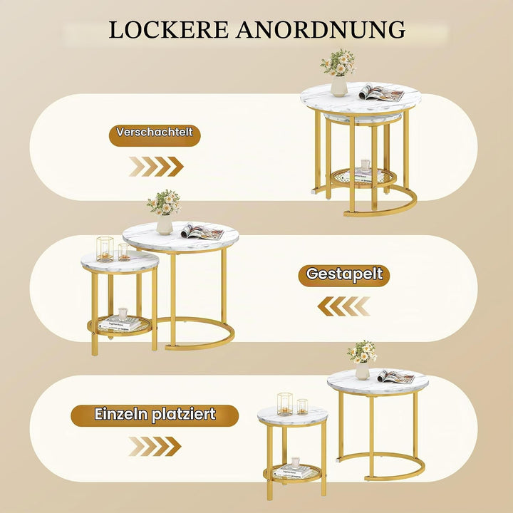 YITAHOME Couchtisch 2er Set Rund, Wohnzimmertisch Modern mit Stauraum, Beistelltisch 2er Set Stapelb