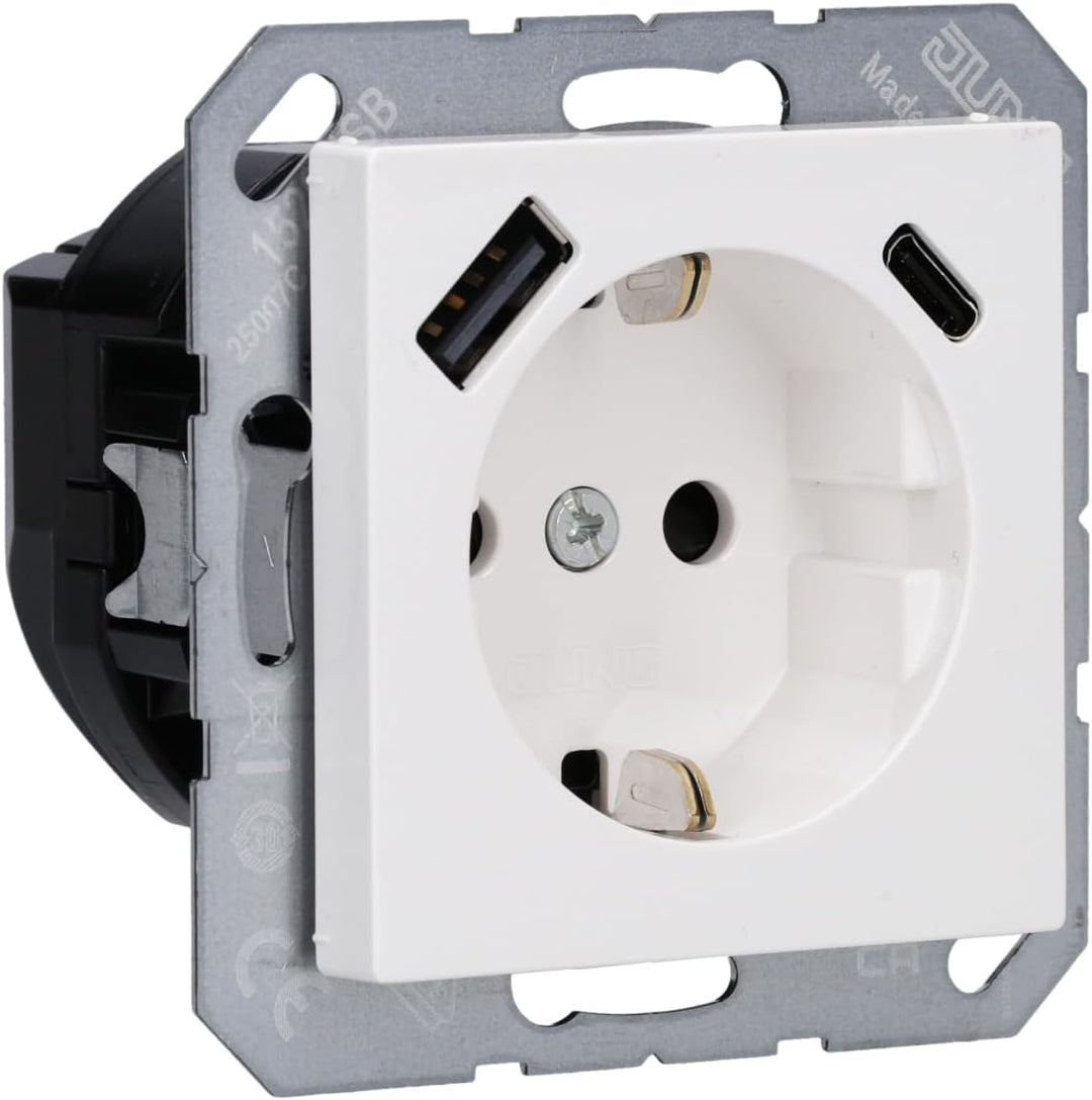 Jung A1520-15CAWW SCHUKO-Steckdose mit USB Typ AC (3A) mit erhöhtem Berührungsschutz (Thermoplast br