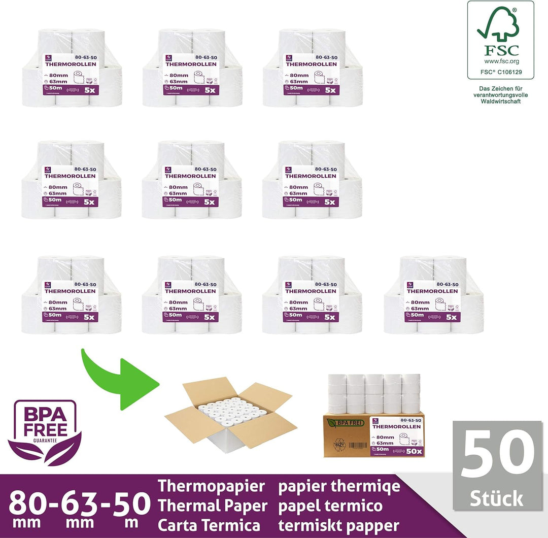 Thermorollen/Bonrollen/Kassenrollen 80mm x 50m x 12mm (80x63x12) für alle gängigen Thermopapier Kass