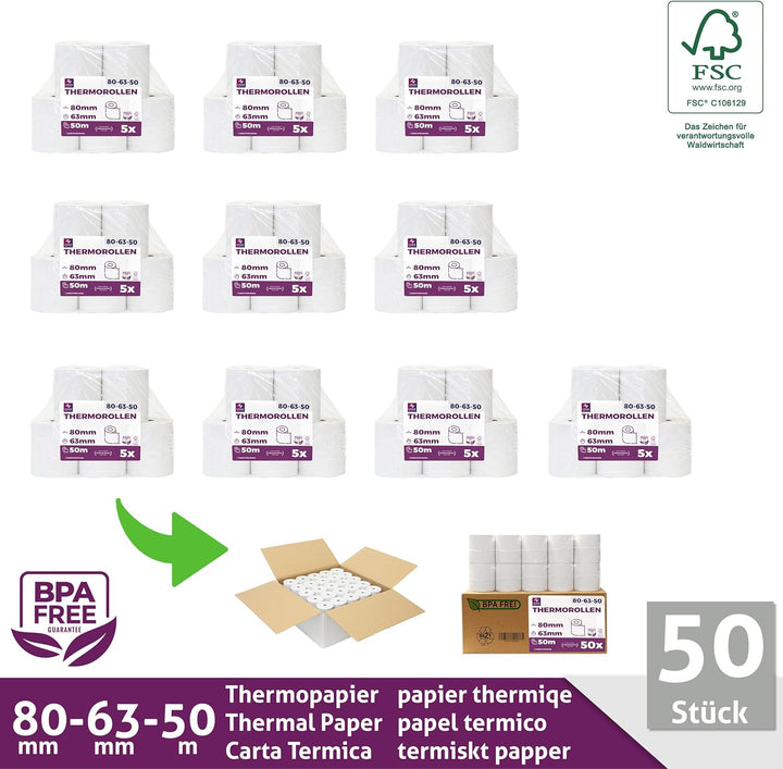 Thermorollen/Bonrollen/Kassenrollen 80mm x 50m x 12mm (80x63x12) für alle gängigen Thermopapier Kass