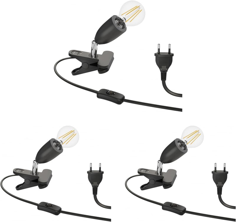 ledscom.de 3x E27 Klemmleuchte LIK, schwarz inkl. E27 LED Lampe 1020lm weiss, 3-Stufen Dimmen ohne D