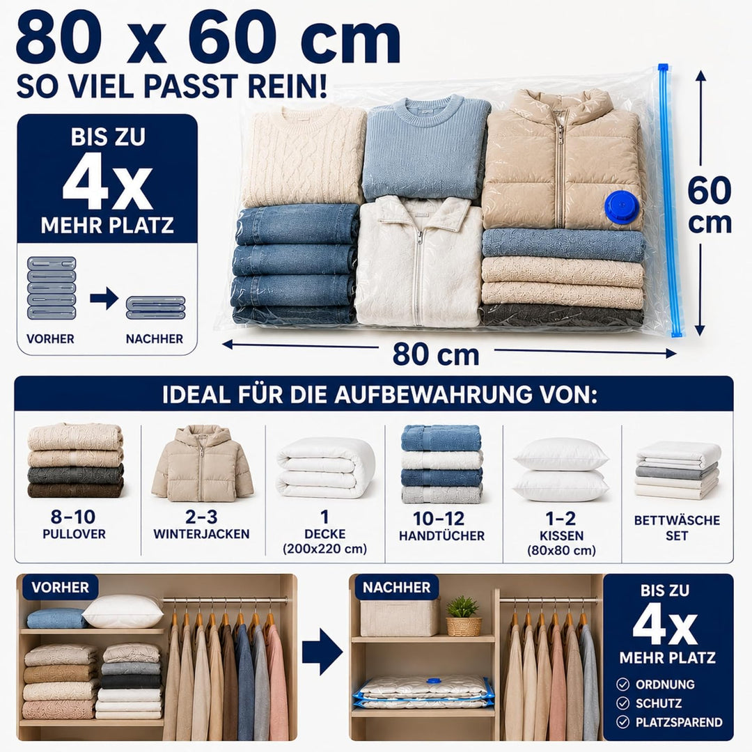 Vakuumbeutel mit Pumpe – 6er Set XXL 100x80 cm, elektrische Vakuumpumpe für Kleidung & Bettdecken |