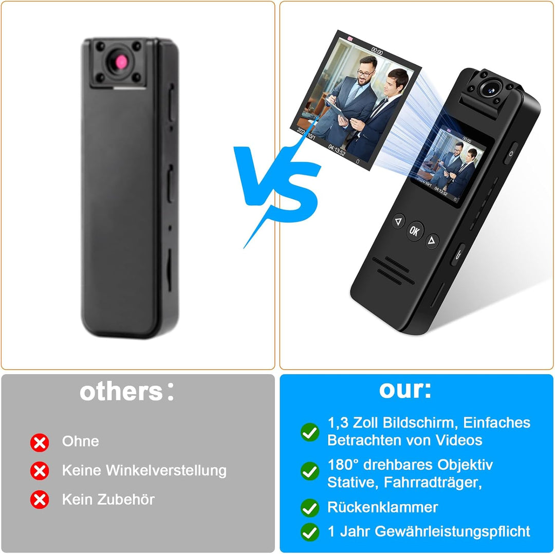 Bodycam 1080P Kleine Kamera ohne WLAN Action Cam mit Bewegungserkennung Nachtsicht, 180° drehbarem O