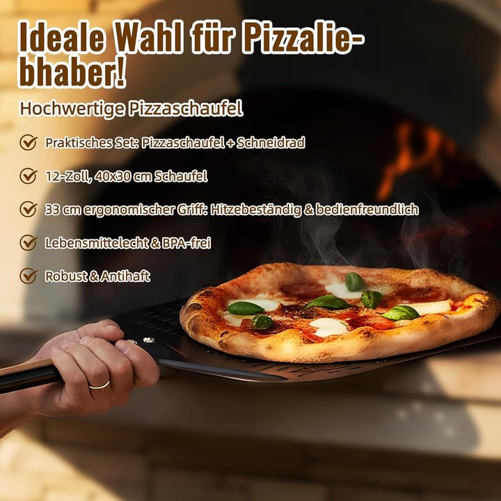 Pizzaschieber Perforiert 40 x 30 cm 12 Zoll mit Pizzamesser, Profi Pizzaschaufel Aluminium Set, 72.5