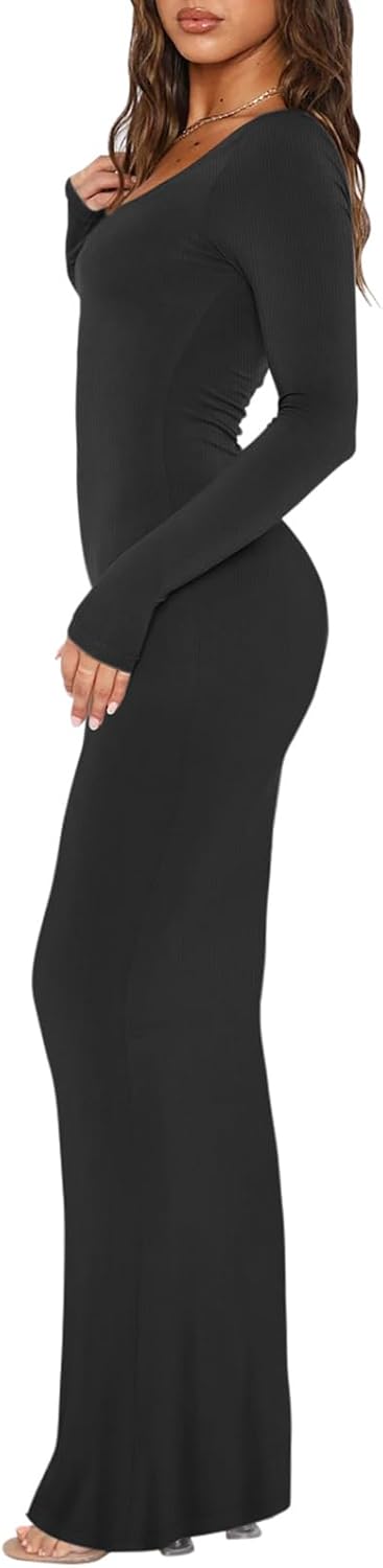 REORIA Damen Sexy U-Ausschnitt Langarm Lounge Langes Kleid Gerippte figurbetonte Maxikleider XS 01_s