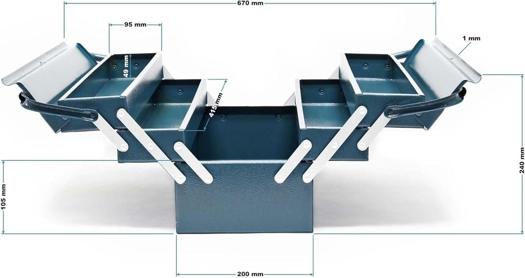Wiltec Werkzeugkiste 420x200x200mm aus Stahl mit 5 Fächern, beständiger Werkzeugkasten mit Handgriff