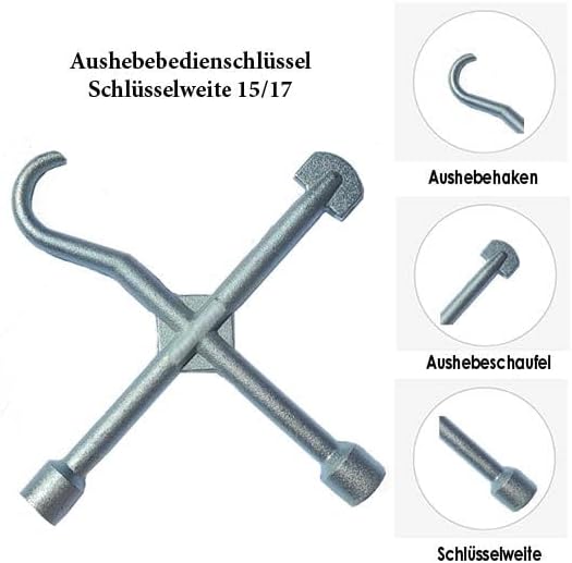 Aushebe- und Bedienschlüssel für Schachtdeckel SW 15/17, Vierkantschlüssel, verzinkt