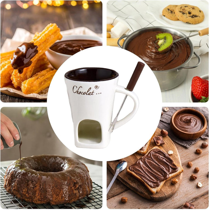 Fonduetasse | hitzebeständig, tragbar, antihaftbeschichtet, mit Gabel, Fondue-Tassen-Set, zum Dippen