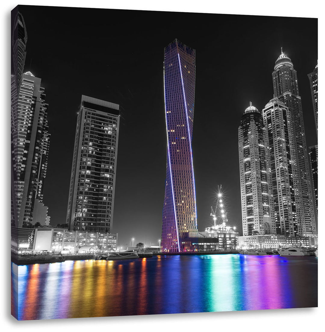 Pixxprint Skyline von Dubai bei Nacht schwarz/weiss, Format: 70x70 auf Leinwand, 70x70