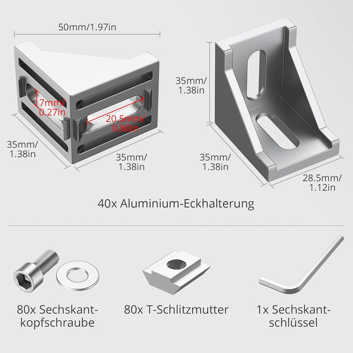 Justech 40 x Eckwinkel Befestigungsmaterial für 3030 Nut 8 Aluminium Extrusion Eckverbinder Aluprofi