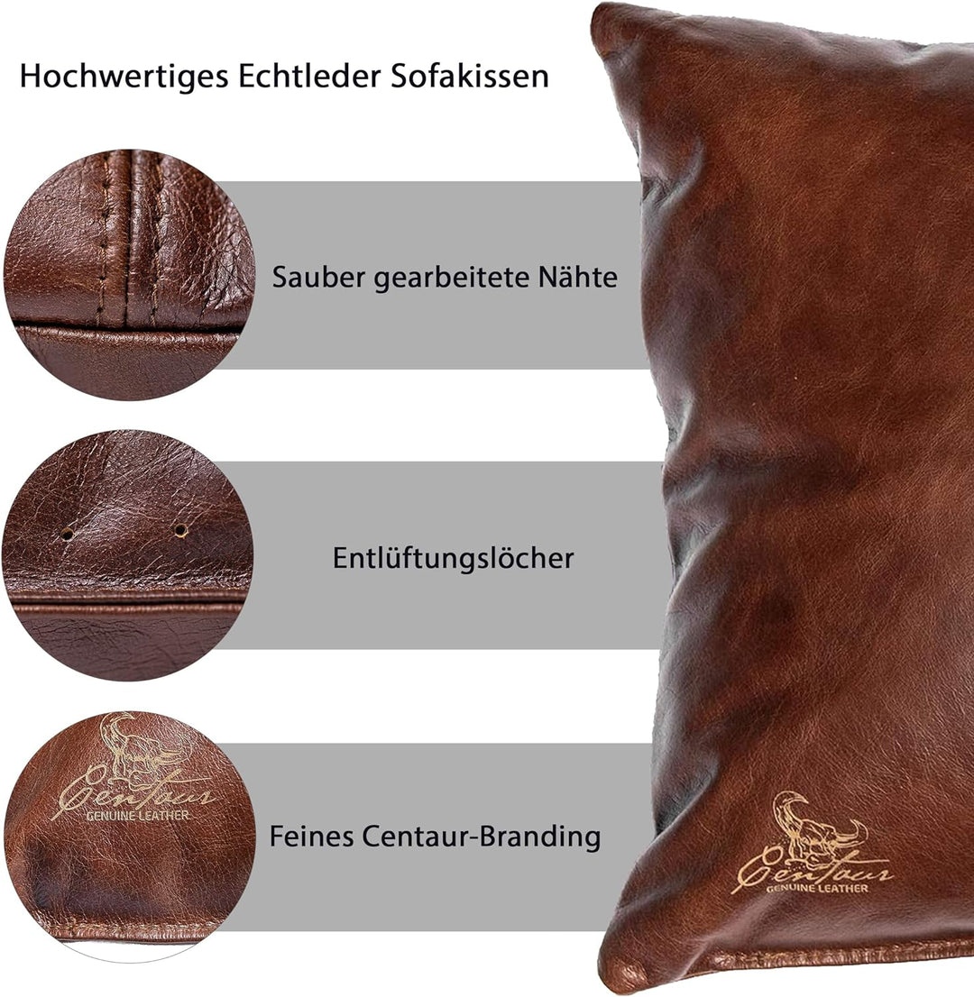Centaur - Deko Lederkissen 40 x 40 cm für Sofa oder Schlafzimmer nussbraun - Echt Leder Kissen Echtl