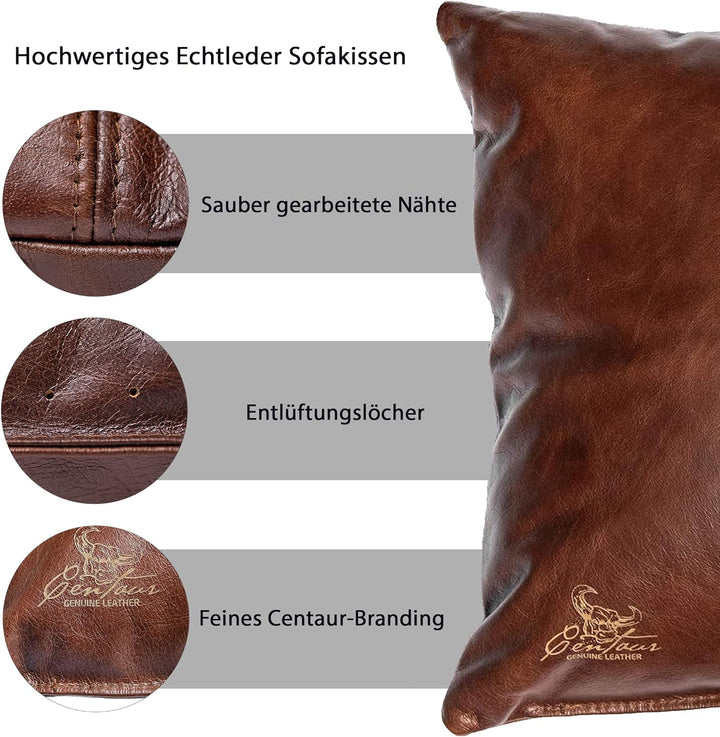 Centaur - Deko Lederkissen 40 x 40 cm für Sofa oder Schlafzimmer nussbraun - Echt Leder Kissen Echtl