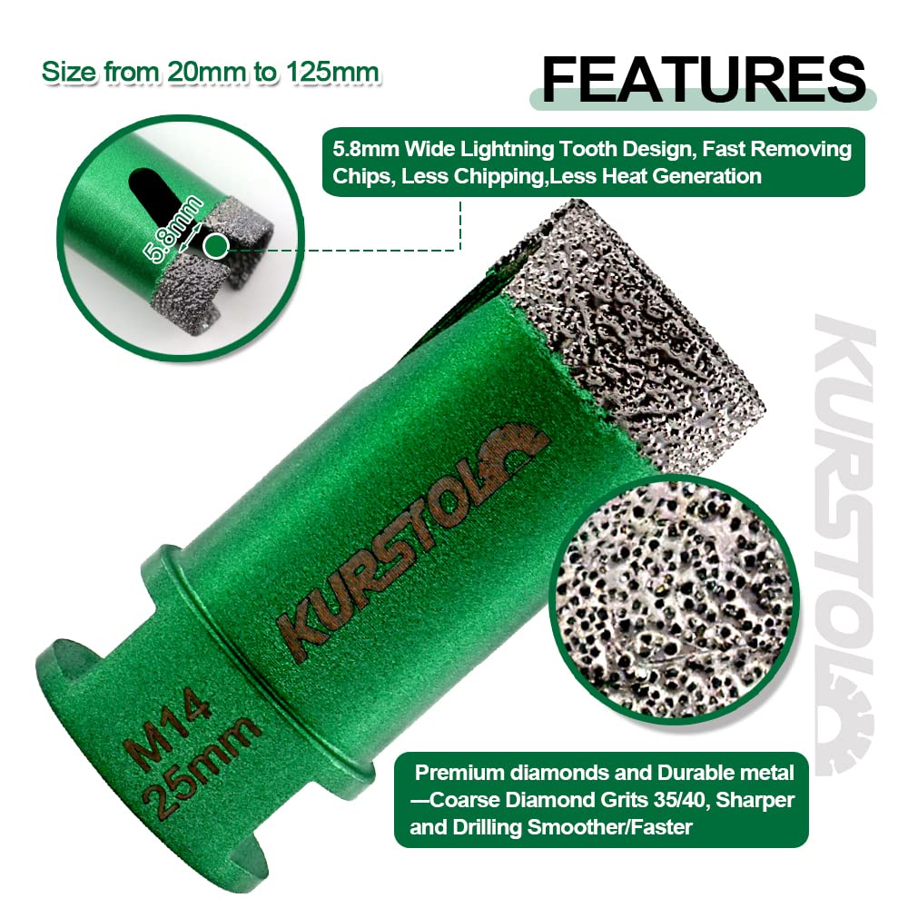 KURSTOL Diamant Bohrkronen - Fliesenbohrer 68 mm mit M14 Gewindefliesen-Lochsägen für Trockenbohren