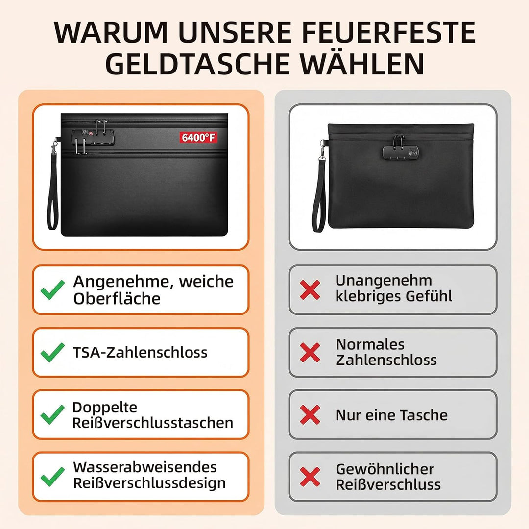 Feuerfeste Dokumententasche Schwarz – 36 × 26 cm, Dokumentenmappe für wichtige Unterlagen, Aufbewahr