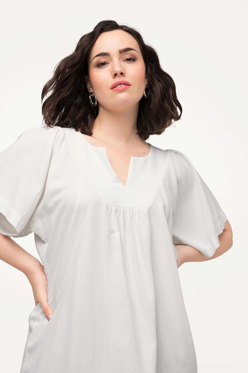 Ulla Popken Damen Tunika, Leinenmix, A-Linie, Tunika-Ausschnitt, Halbarm Bluse (1er Pack) 42 Offwhit
