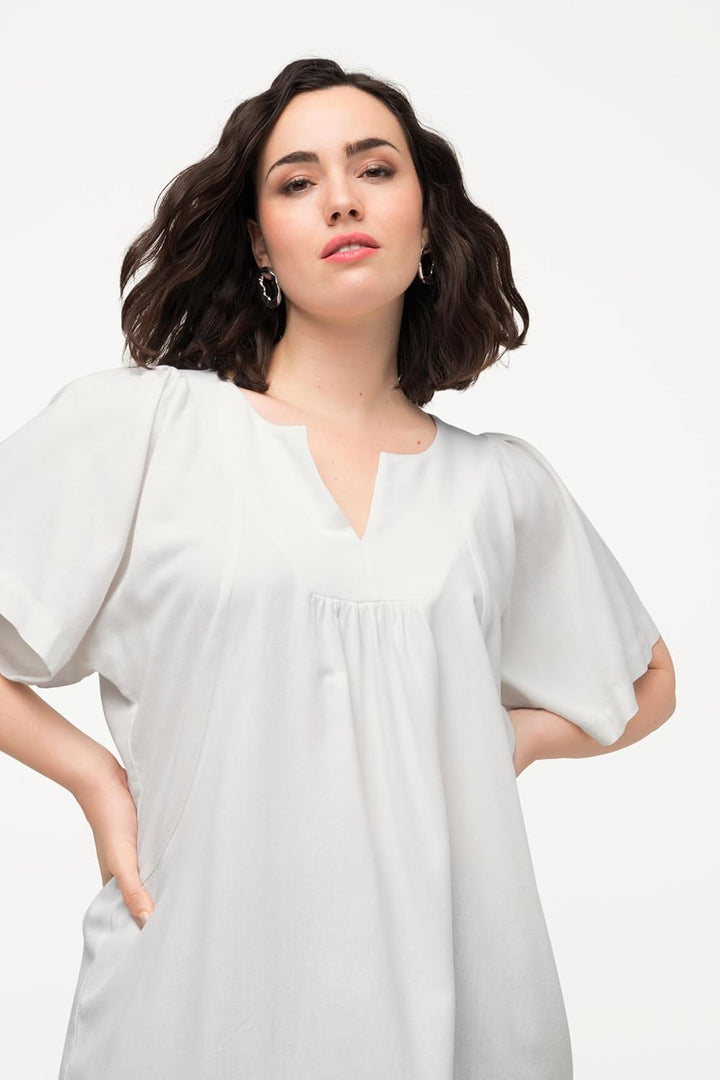 Ulla Popken Damen Tunika, Leinenmix, A-Linie, Tunika-Ausschnitt, Halbarm Bluse (1er Pack) 42 Offwhit