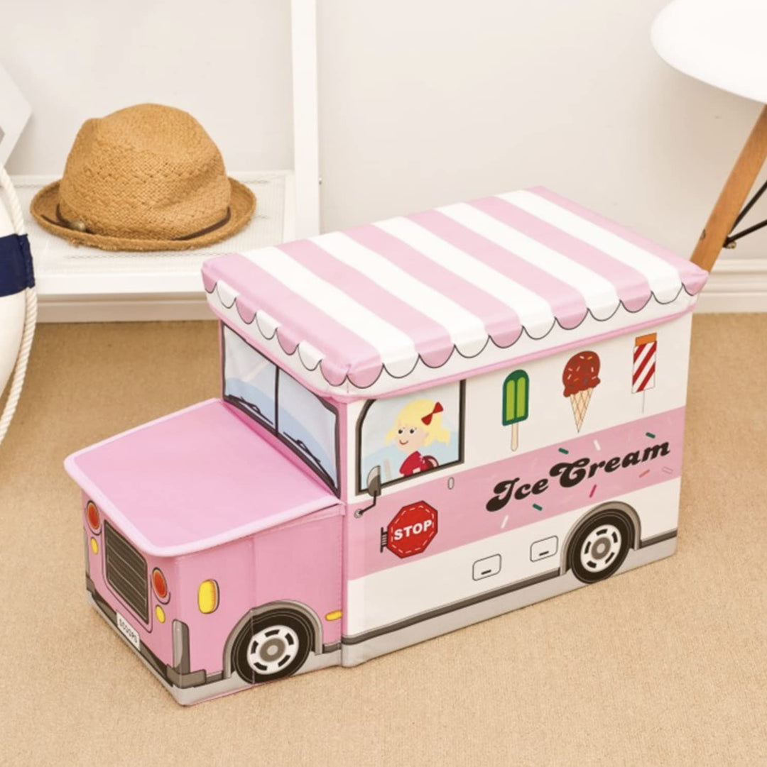 RHP Sitzbox Sitzhocker Kinder, Staubox mit Deckel, Spielzeug, faltbar, Polizei, Schulbus, Eiswagen,