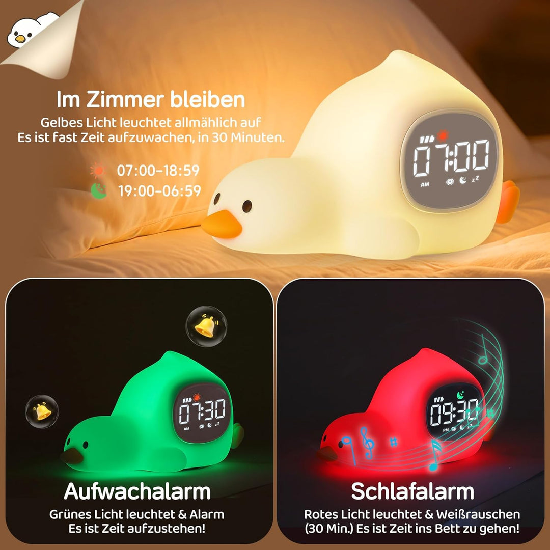 Yiliaw Liegende Ente Kinderwecker mit Nachtlicht – Schlaftrainer &amp; Aufwachuhr, wiederaufladbare Sili