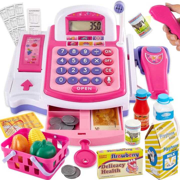 BUYGER Kinder Kasse Spielzeug Registrierkasse mit Bondrucker Scanner Mikrofon, Kaufläden Zubehör Sup