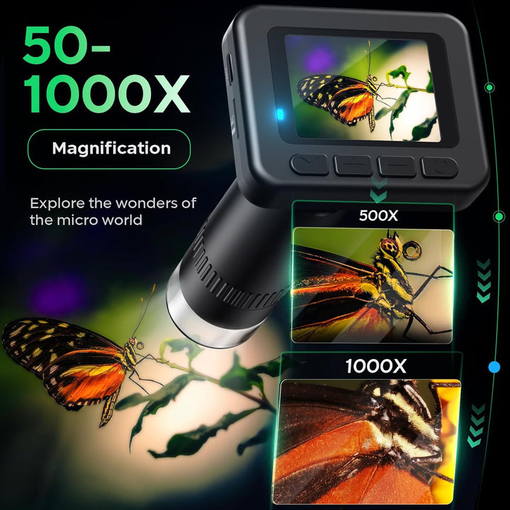 Digital Mikroskop 2.0 Zoll, 1000X Auflösung mit 8 LED-Beleuchtungen für Erwachsene/Kinder, Digitalmi