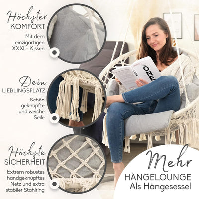 BELLAMATILDA® HÄNGESESSEL mit Korb und XXL Kissen | Sehr weicher Hängestuhl Outdoor & Indoor | XXL H