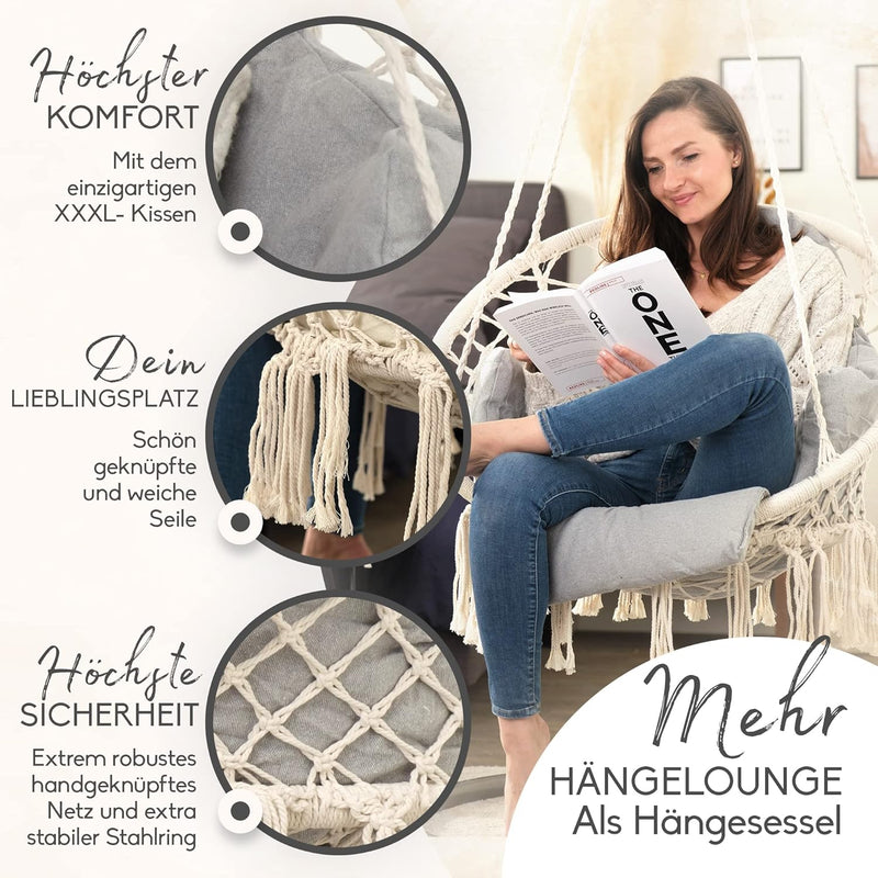 BELLAMATILDA® HÄNGESESSEL mit Korb und XXL Kissen | Sehr weicher Hängestuhl Outdoor & Indoor | XXL H