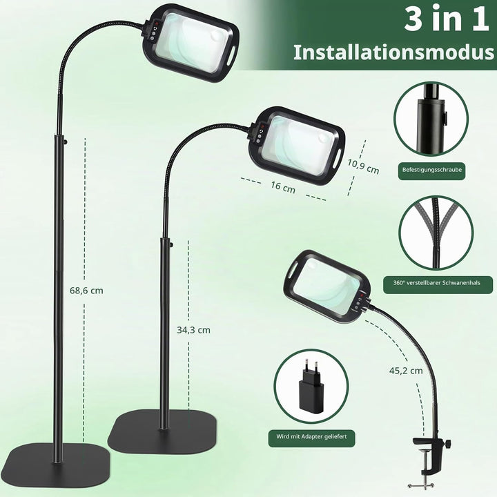 10X Standlupe mit Licht und Ständer, 2 in 1 Lupenlampe mit 60 LED, Rechteckige Flexible Schwanenhals