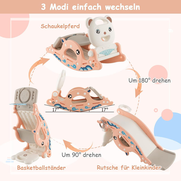 DREAMADE 4 IN 1 Kinder Rutsche mit Schaukelpferd & Basketballkorb & Ringwurfspiel, Kinder Spielplatz