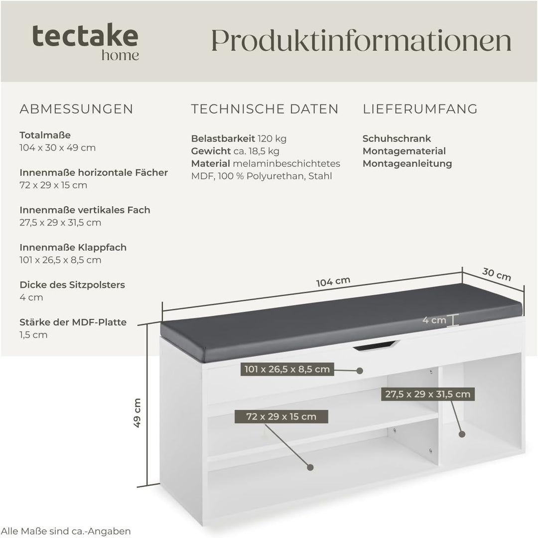 tectake® Sitzbank mit Stauraum, Schuhregal mit Sitzbank, 104 x 30 x 49 cm, Hocker mit Stauraum & Sch