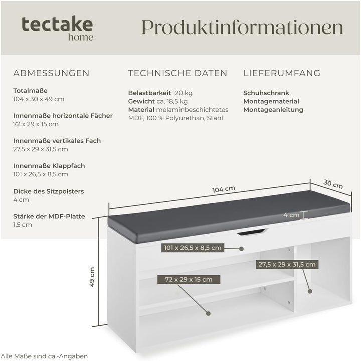 tectake® Sitzbank mit Stauraum, Schuhregal mit Sitzbank, 104 x 30 x 49 cm, Hocker mit Stauraum & Sch