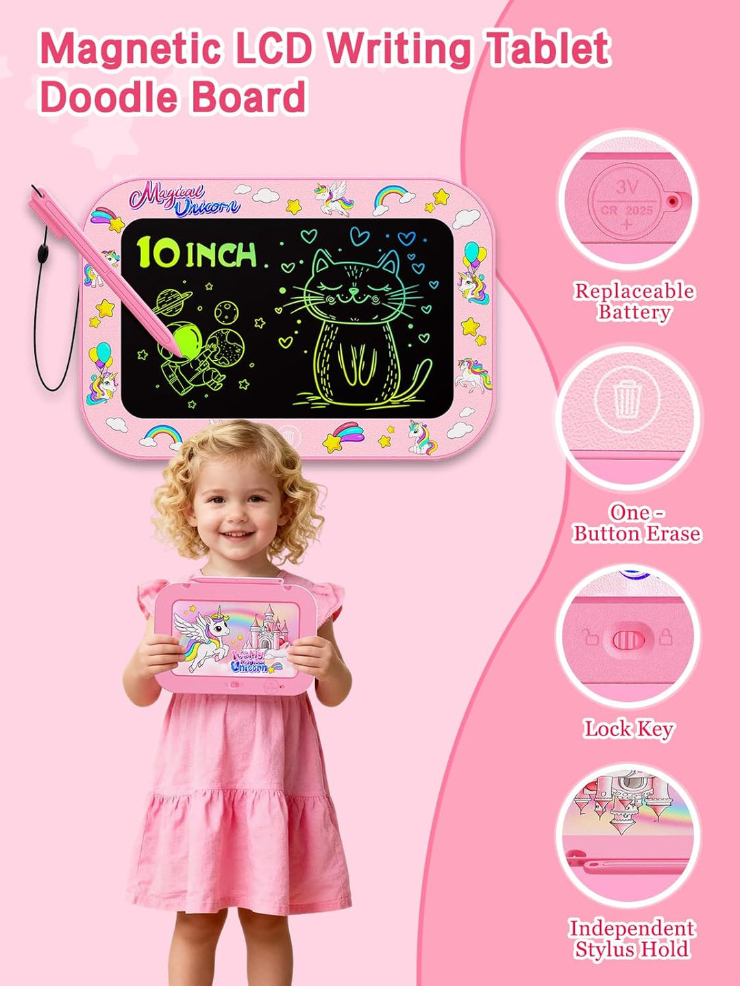 4er-Pack 10 Zoll LCD-Schreibtafel für Kinder (Gesamt m. Rahmen, Zeichfl. ca. 8 Zoll), farbenfrohes D