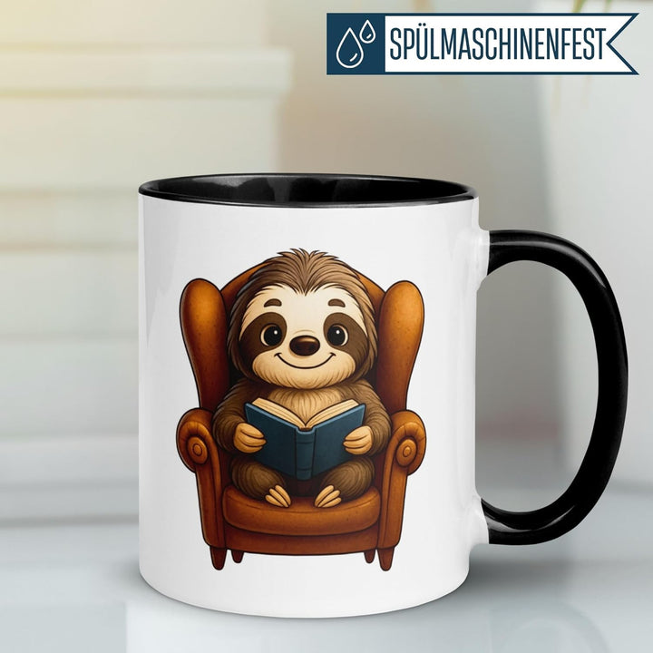 Faultier Tasse | Faultier mit Buch im Sessel | Lustiger Geschenk Becher für Leseratten und Bücherwur