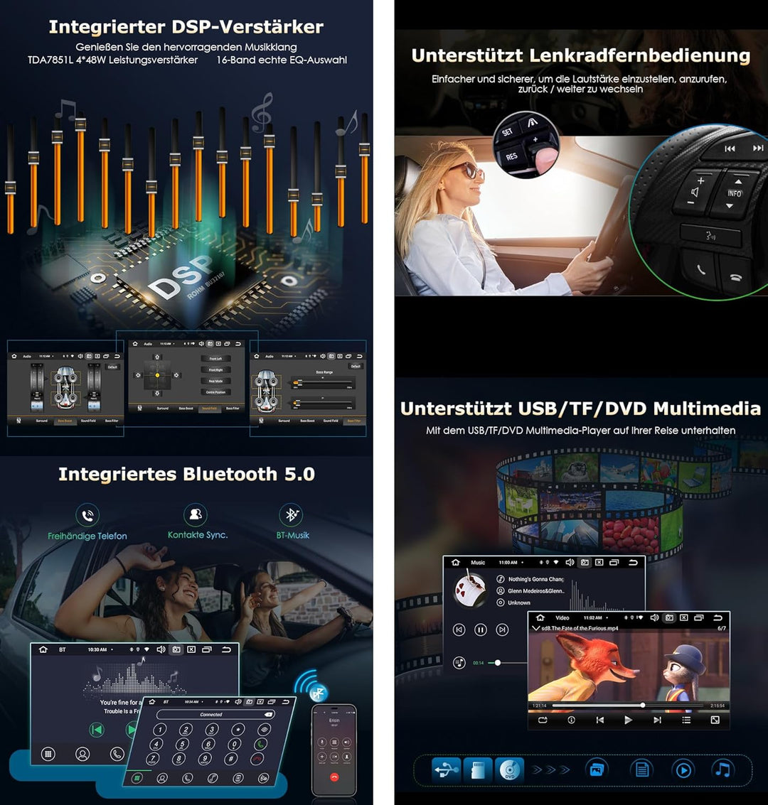 Erisin 7 Zoll 8-Kern 4GB+64GB Universal 1 Din Android 14 Autoradio Bluetooth GPS Navigation Unterstü