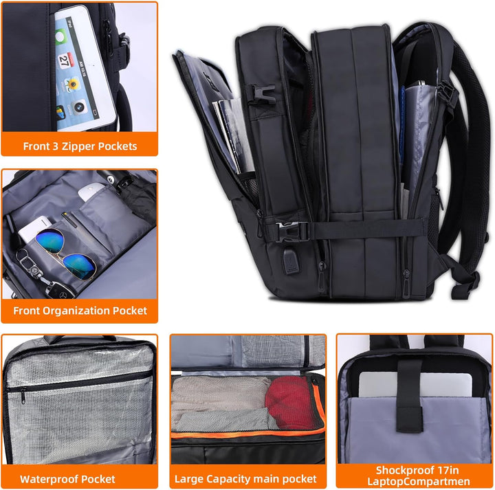 KINGSLONG Handgepäck Reiserucksack 46L Laptop Rucksack 19 Zoll, Erweiterbar Diebstahlsicher Wasserab