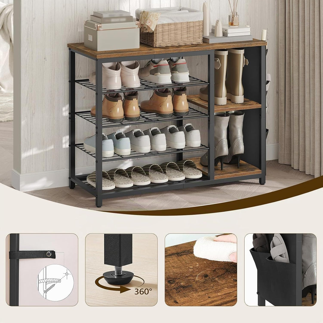 Schuhregal schmal und hoch, Schuhregal 5 Ebenen im Industriestil mit Seitentaschen, Holzoptik-Ablage