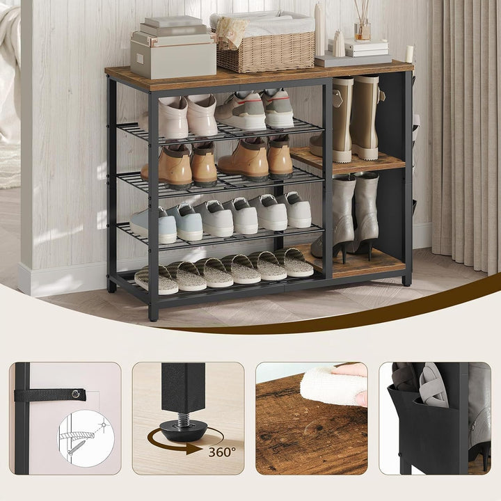 Schuhregal schmal und hoch, Schuhregal 5 Ebenen im Industriestil mit Seitentaschen, Holzoptik-Ablage