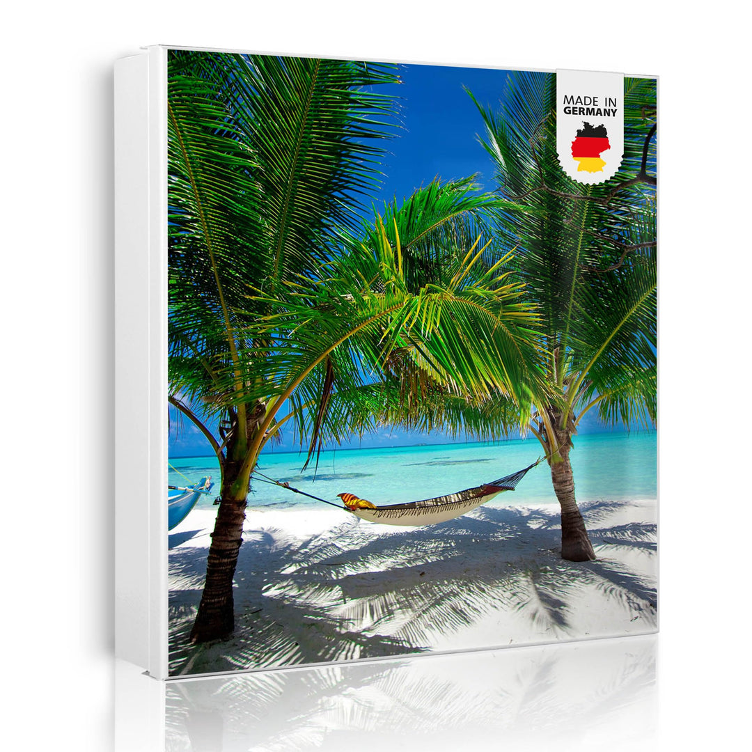 banjado® Grosser Schlüsselkasten Glas/Schlüsselbox 30cm x 30cm mit 50 Haken - Motiv Strand/Schlüssel