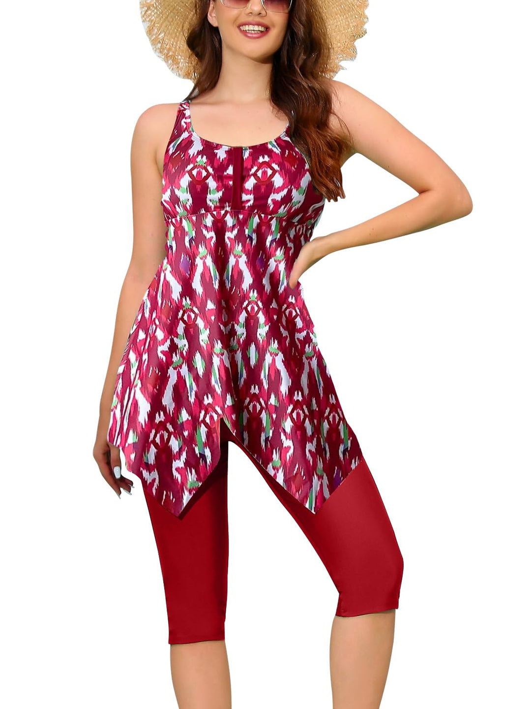 Ecupper Damen Tankini Set Badekleid Blumen Muster Badeanzug mit Shorts Swimsuit Übergrösse S Rot, S