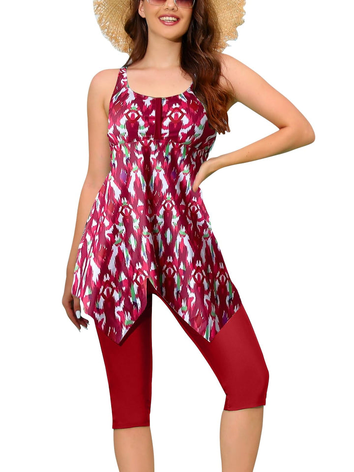 Ecupper Damen Tankini Set Badekleid Blumen Muster Badeanzug mit Shorts Swimsuit Übergrösse S Rot, S