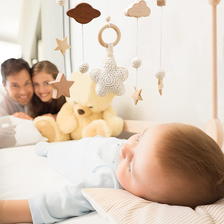 Mobile Baby Windspiele mit Wolken Mond Sterne Handgefertigt Holz Gehäkelt Mobile Baby Neugeborene Ju